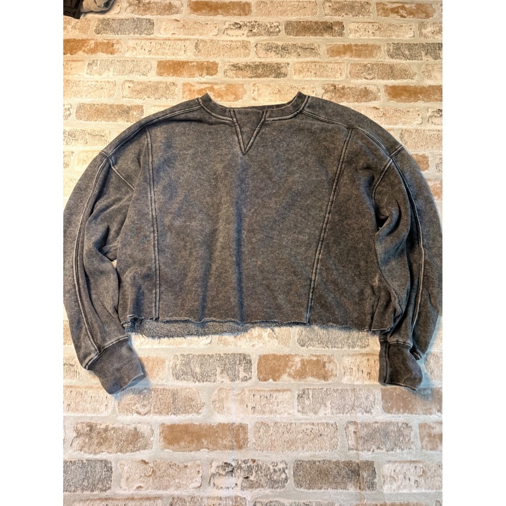 Vinyl Icons Charcoal Grey Mineral Wash Cropped Sweatshirt Raw Hem Small